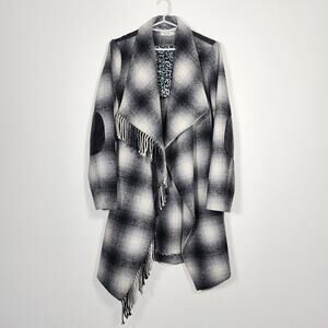 Tasha Polizzi Fringe Wrap Coat Western Ranch Plaid Wool Elbow Patches Size Small